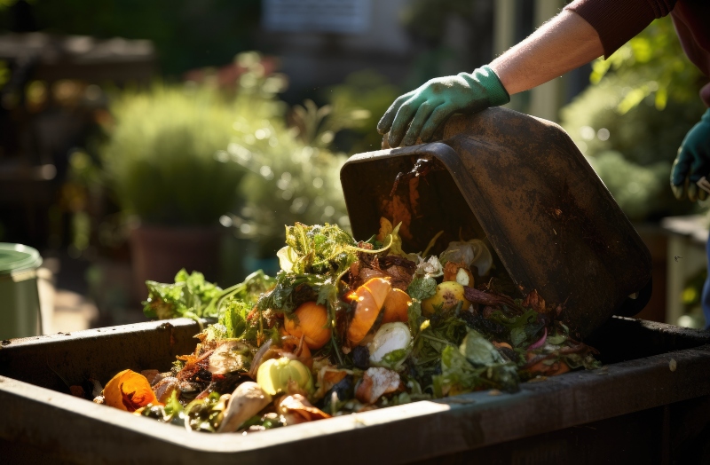 person recycling all the organics in the garbage can, recycling concept